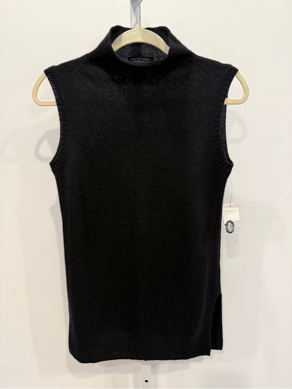 Saks Fifth Avenue Black Women Sleeveless Turtleneck Sweater Cashmere Size S New